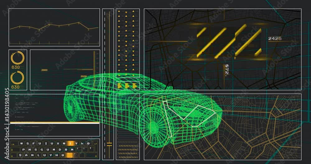 Poster green 3d wireframe car model floating over hex grid with data visualization panels displaying stats