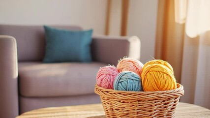 Cozy home decor with colorful yarn basket in sunlit living room