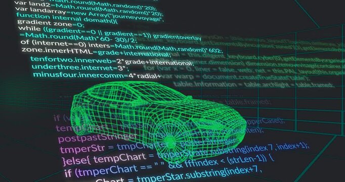 Neon green wireframe car model being visualized in digital CAD space, surrounded by floating code