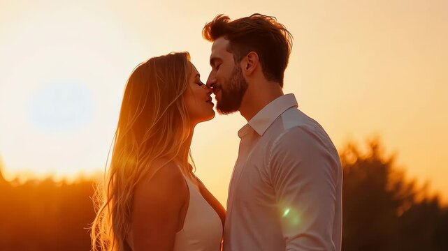 Romantic sunset kiss between young caucasian couple with eiffel tower in background