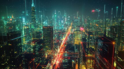Fototapeta premium Futuristic city skyline at night, digital network overlay