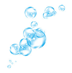 Clustered glossy blue bubbles floating with soft highlights