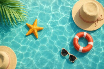 Hat sunglasses and lifebuoy floating on water in a serene outdoor setting with clear blue skies