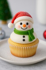 Cupcake decorated with a snowman figurine on top for winter or holiday celebrations