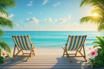 Two beach chairs facing each other on sandy beach with ocean view in background under clear blue sky