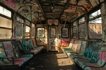 Graffiti-covered, abandoned subway car interior shows decay and urban art.