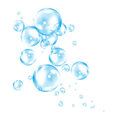  Large and small light blue bubbles in soft floating mix.