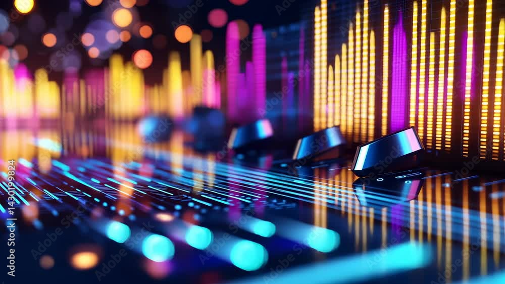 Poster digital audio graphic neon displaying pulsing multicolor bars, representing sound waves with vibrant
