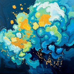 Abstract artwork featuring flowing textures in cool blues, greens and white, contrasted with rough