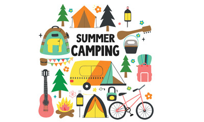 Fototapeta premium Cartoon design elements set for summer camping theme in flat style