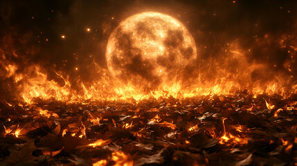 Fiery sphere hovers over burning leaves casting an eerie intense glow Flames dance wildly