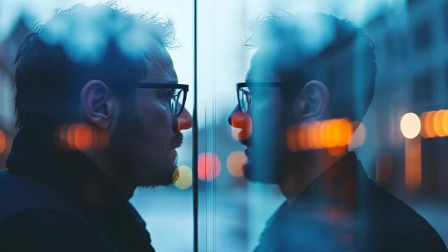 Male reflection in urban glass at dusk