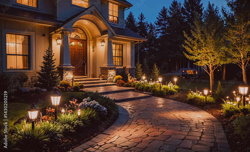 Poster House with a large front door and a walkway lit up with lights. The walkway is lined with bushes and flowers