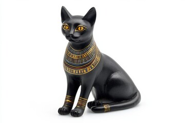Black Cat Resembling Ancient Egyptian Art With Golden Eyes and Sphinx-Like Pose Against a Plain White Background Generative AI
