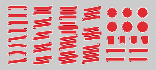 Set of Red with White Border Ribbon Banners, Bookmarks, round Badge and Labels - Flat Design Illustration	
