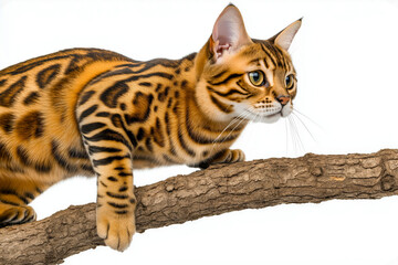 Obraz premium Majestic bengal cat on a tree branch showing beautiful coat and green eyes in white background