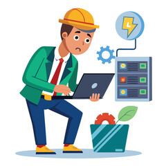 male engineer checks the program and discovers an error. Hand drawn style vector design illustrations.