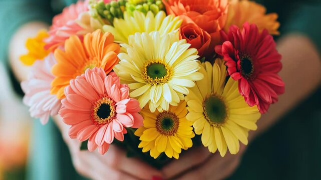 Vibrant gerbera flowers bouquet held by young caucasian female