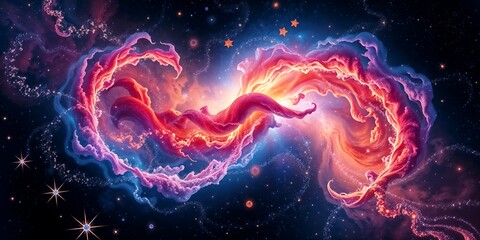 Vivid clouds of interstellar gas and dust intertwine in a cosmic dance, radiating brilliant light