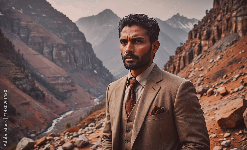 Poster man in a suit and tie stands in front of a mountain range. concept of adventure and exploration, as 