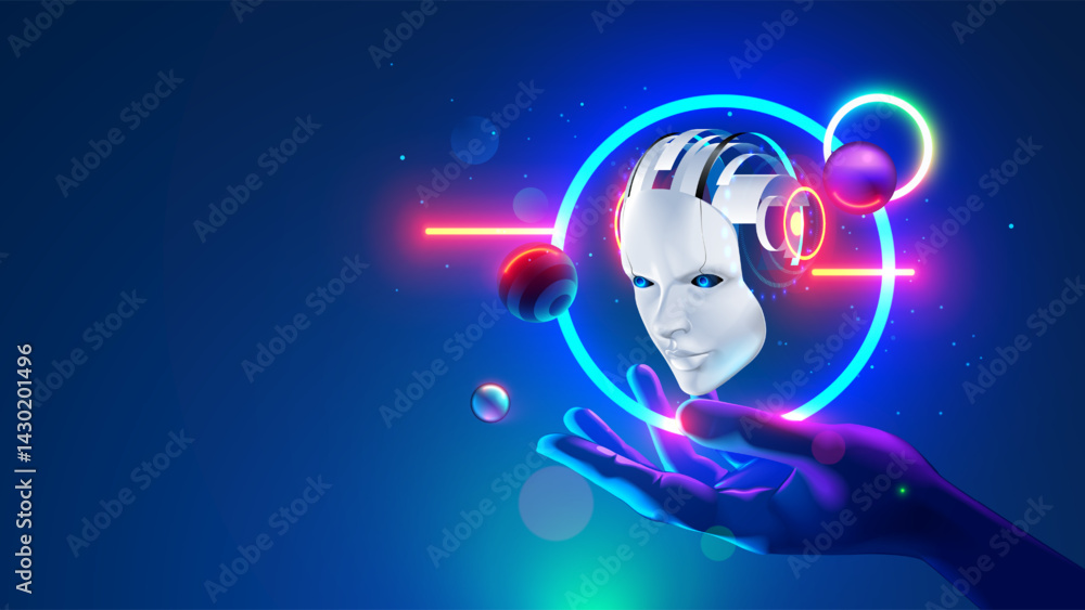 Poster AI or artificial intelligence in the form of a head robot or cyborg over human hand in cyberspace. Electronic brain hanging over palm hand. AI chat bot. AI assistant development. Retro futurism.