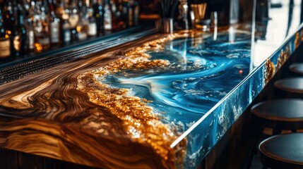 Unique epoxy resin bar countertop with intricate designs and embedded natural elements
