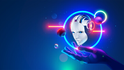AI or artificial intelligence in the form of a head robot or cyborg over human hand in cyberspace. Electronic brain hanging over palm hand. AI chat bot. AI assistant development. Retro futurism.