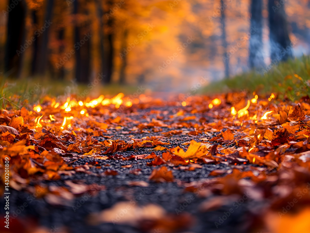 Poster autumn path covered in leaves trees behind with colors of fall