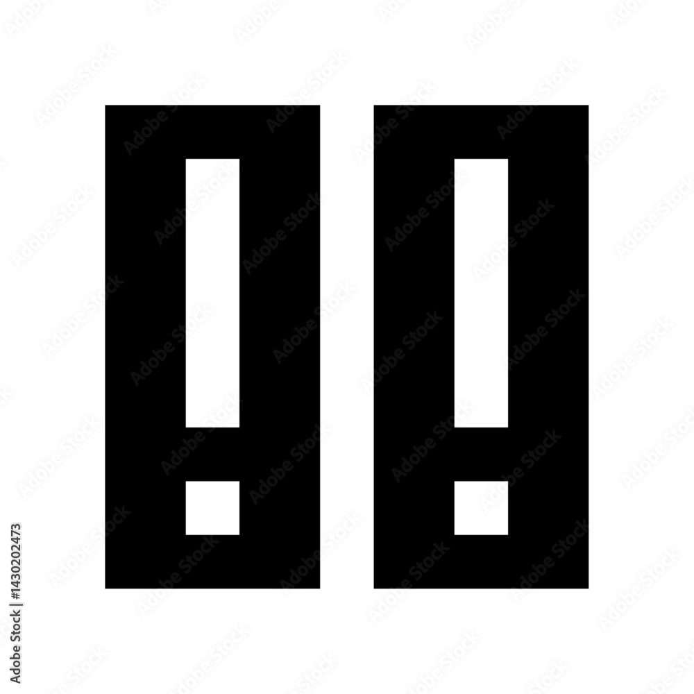 Poster two black rectangular shapes each containing a white exclamation point on a white background design 
