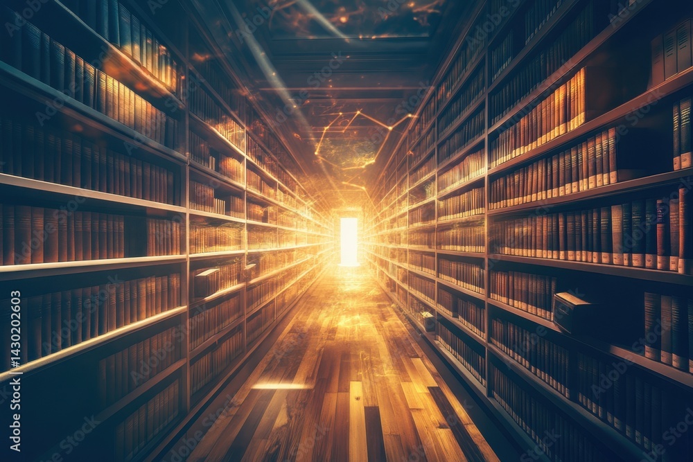 Poster light shining through an open door in a grand library filled with endless books