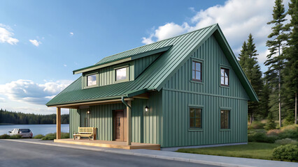 Obraz premium Charming Green Metal-Roofed Cottage House Design