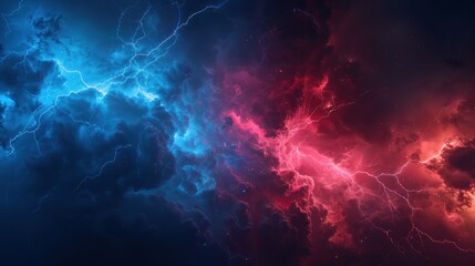 Dramatic Stormy Sky with Red and Blue Lightning