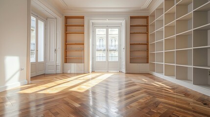 Obraz premium Empty Room with Bookshelves and Wooden Floor