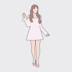 Minimalist Flat Illustration of a Woman in a Pastel Dress, Faceless Female Character in Pastel Dress, Flat Style Art