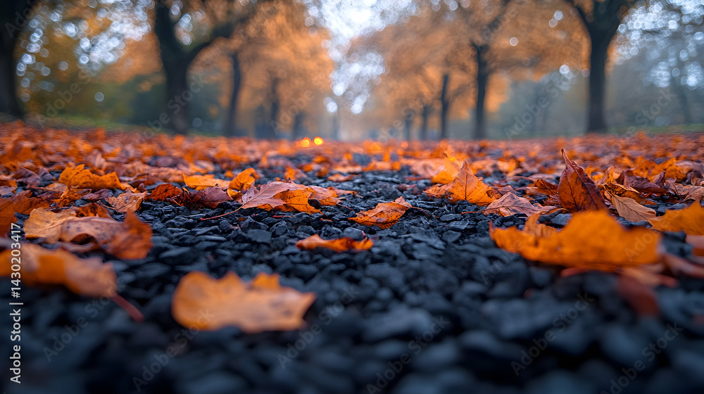 Poster fallen autumn leaves on the ground with tree lines in the background on a cloudy day low angle shot