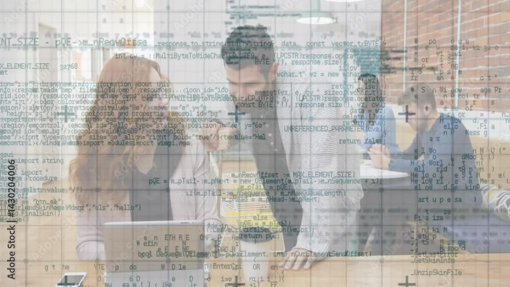 Poster woman using laptop with colleague pointing at screen in tech office, showing animated data graphs
