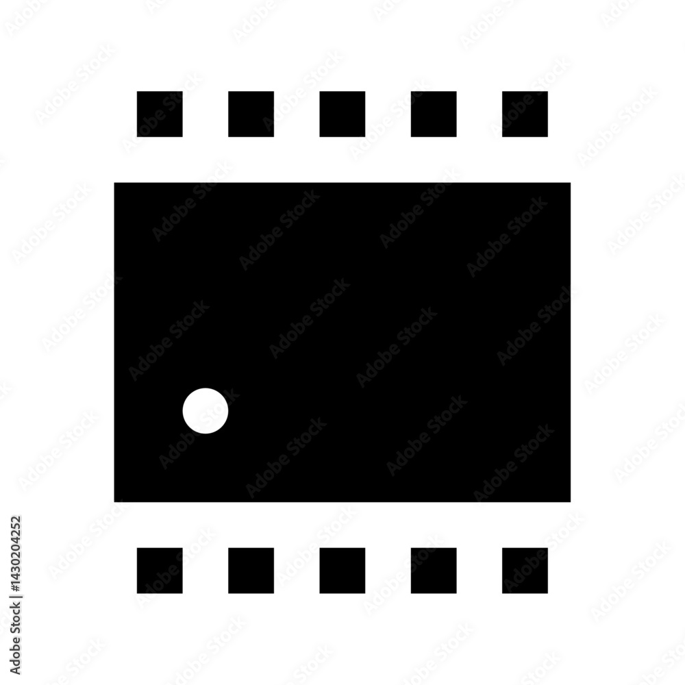 Poster integrated circuit chip with eight pins on top and bottom and a white circle on the left side