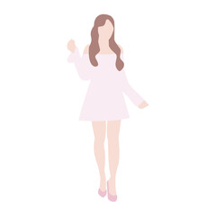 Flat Style Illustration of a Faceless Woman in a Pastel Dress, No Outline, Minimalist Faceless Female Character in Pastel Dress, Soft Flat Design