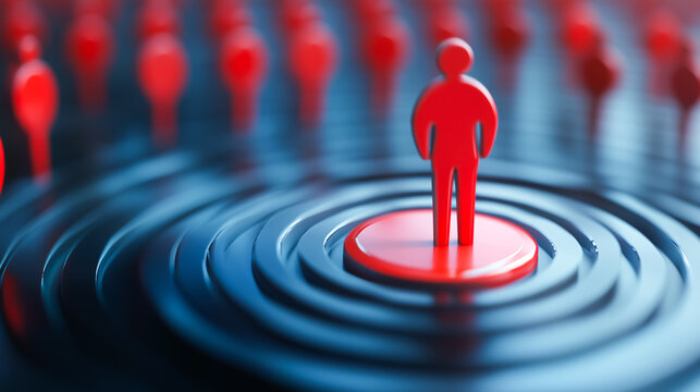 Red human figure standing at the center of blue concentric circles with other figures in the background, symbolizing target audience, marketing strategy, and individual influence in a network.