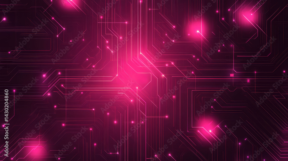 Poster vibrant circuit board design with glowing pink elements and intricate lines, creating dynamic and mo