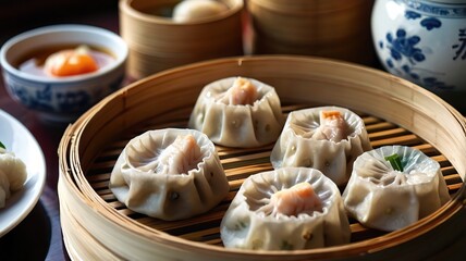 Dim sum in a bamboo steamer, traditional Chinese setting, soft natural lighting, shallow depth of field