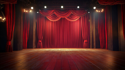 grand stage with plush velvet curtains and warm wooden flooring creates inviting atmosphere for performances