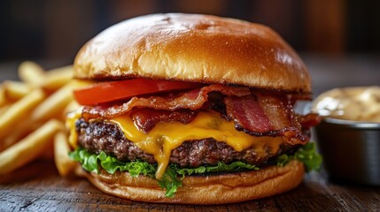 A double cheeseburger with bacon, tomato, lettuce, and sauce, accompanied by french fries.