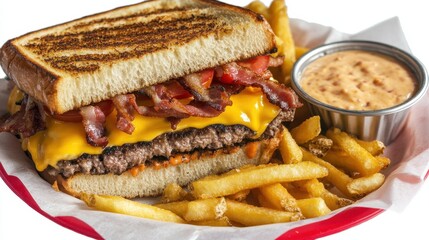 A double cheeseburger with bacon, tomato, lettuce, and sauce, accompanied by french fries.