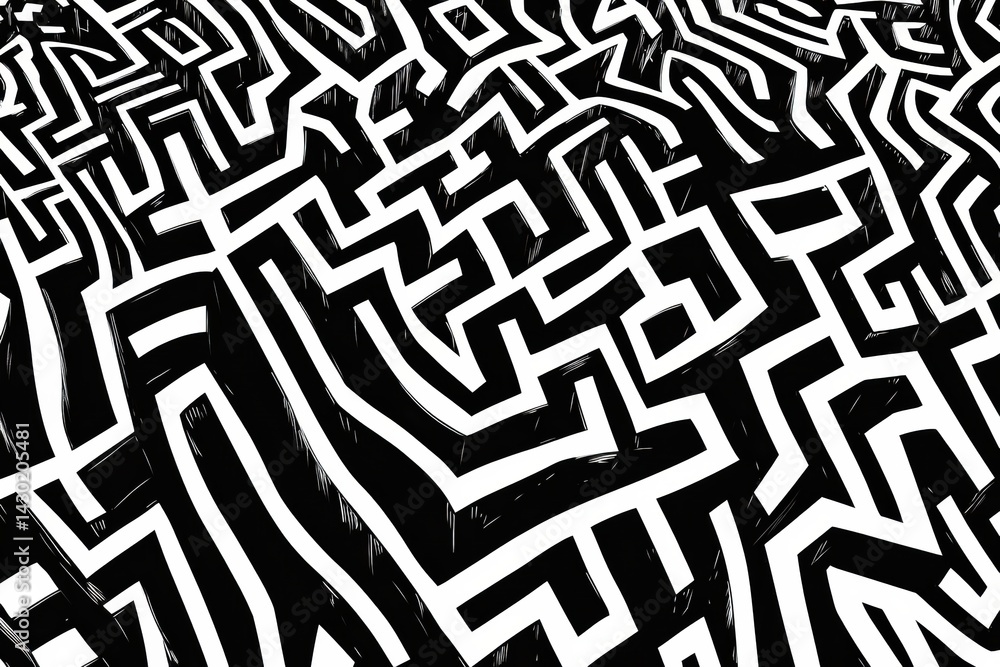 Poster intricate black and white maze with complex pathways showcasing high contrast and detailed design el