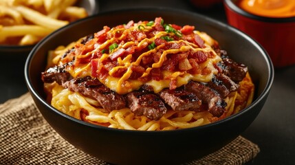 A double cheeseburger with bacon, tomato, lettuce, and sauce, accompanied by french fries.