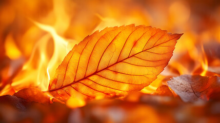 A single orange leaf with visible veins resting on a bed of fallen leaves with a blurry background of fire