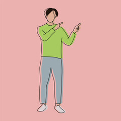 Misaligned Outline Illustration of a Faceless Man Pointing in Modern Casual Style