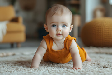 Baby crawling in orange outfit on a fluffy white rug with soft curious eyes looking at the camera