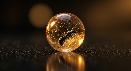 Encapsulated life: Ant in amber sphere with shimmering gold particles on reflective surface